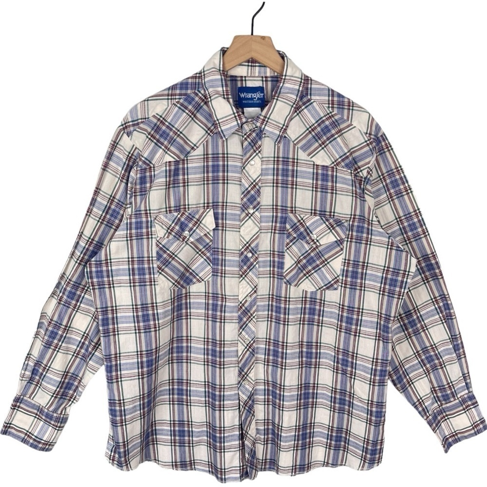 Vintage Wrangler Shirt Mens XL Western Pearl Snap Plaid Long Sleeve Pointed Yoke
